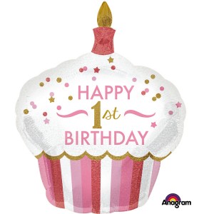 Balony foliowe kształty z napisami - Balon na Roczek różowa Babeczka "Happy 1st birthday" / 73x91