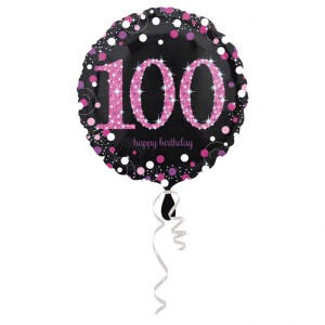 Balony foliowe na okrągłe urodziny - Balon foliowy okrągły na "100 urodziny", różowy / 43 cm