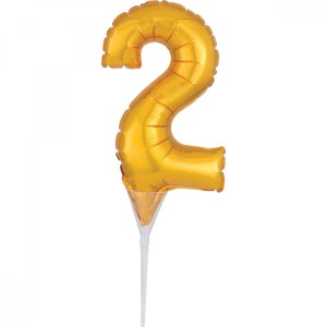 Balony foliowe cyfry 35 cm - Balon foliowy miniaturowy na patyczku cyfra "2", złota