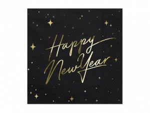 Serwetki papierowe z napisami - Serwetki "Happy New Year", czarne / 33x33 cm