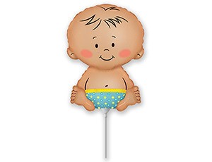 Balony foliowe o nietypowych kształtach - Balon foliowy mini Bobas chłopiec z patyczkiem / 14"