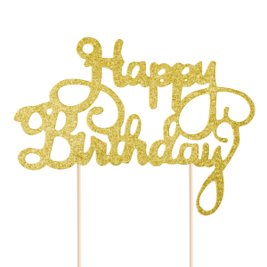 Toppery z napisami - Brokatowy, złoty topper na tort "Happy Birthday"