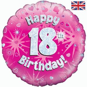 Balony foliowe z cyframi i liczbami - Różowy balon foliowy holograficzny "Happy 18 Birthday"