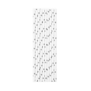 Słomki proste papierowe - Białe papierowe słomki w srebrne gwiazdki / 20 cm
