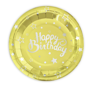 Talerzyki z napisami - Złote talerzyki papierowe "Happy Birthday" na urodziny / 23 cm