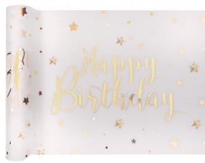 Bieżniki flizelinowe okolicznościowe - Bieżnik flizelinowy ze złotym napisem Happy Birthday / 30 cm x 5 m