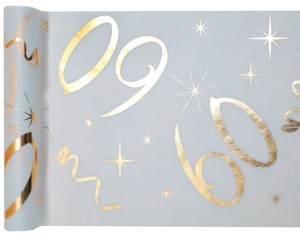 Bieżniki flizelinowe okolicznościowe - Bieżnik flizelinowy ze złotym napisem na 60 urodziny/ 30 cm x 5 m