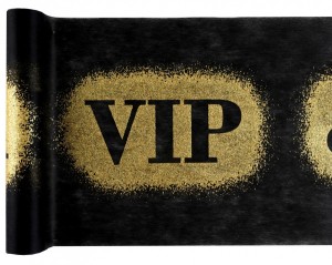 Bieżniki flizelinowe okolicznościowe - Bieżnik flizelinowy czarny ze złotym brokatowym napisem VIP/ 30 cm x 3 m