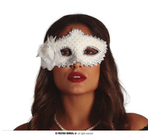 Maski Weneckie - Biała maska wenecka z różą