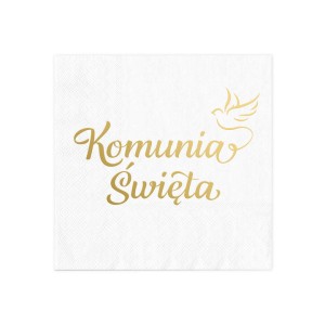Serwetki komunijne i bieżniki na komunię - Serwetki białe ze złotym napisem Komunia Święta / 33x33 cm