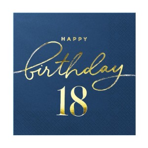 Serwetki bibułowe cyfry i liczby - Serwetki granatowe ze złotym napisem "Happy Birthday 18"