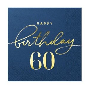 Serwetki bibułowe cyfry i liczby - Serwetki granatowe ze złotym napisem "Happy Birthday 60"