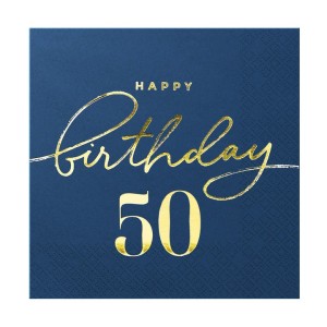 Serwetki bibułowe cyfry i liczby - Serwetki granatowe ze złotym napisem "Happy Birthday 50"